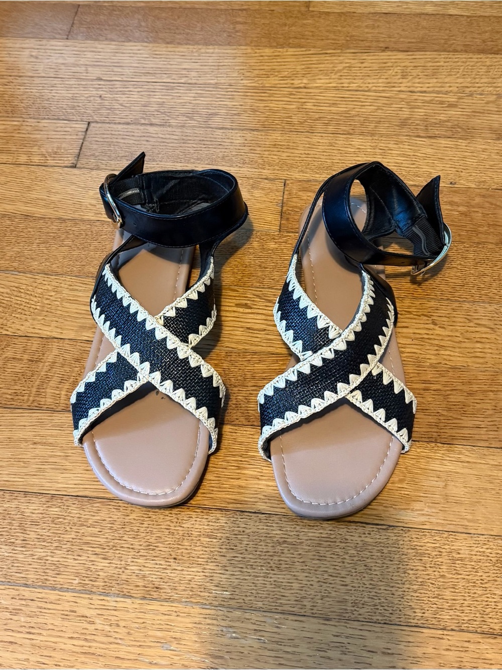 Old Navy Black and Tan Cross-Strap Ankle Buckle Sandals